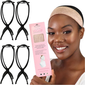 Bundle Wig Grip Band + Wig Stands, Non Slip Extra Hold Tan Wig Band for Wigs and Frontals + 4-Pack Wig Stands for Drying, Styling, or Displaying