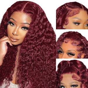 Jessica Hair 7X6 Glueless Wigs Burgundy HD Lace Front Wigs Pre Plucked 180% Density 7X6 Lace Front Wigs with Bleached Knots Wine Red Colored Jerry Curly Wigs(20 Inch)